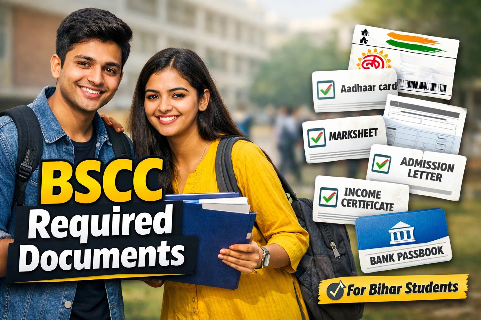 Required documents for BSCC application including Aadhaar card marksheet admission letter income certificate and bank passbook