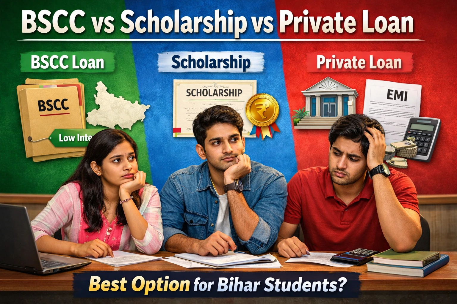 Comparison of BSCC loan vs scholarship vs private education loan for Bihar students